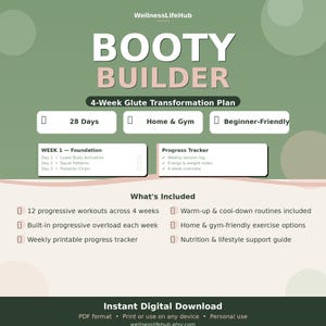 May include: A digital 4-week glute transformation plan titled BOOTY BUILDER by WellnessLifeHub. The document features a 28-day schedule, home and gym options, a progress tracker, and a list of included workout routines, nutrition guides, and printable logs.