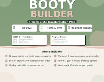 Może przedstawiać: Cyfrowy 4-tygodniowy plan transformacji pośladków o nazwie BOOTY BUILDER od WellnessLifeHub. Dokument zawiera 28-dniowy harmonogram, opcje ćwiczeń w domu i na siłowni, tracker postępów oraz listę zawartych rutyn treningowych i przewodników żywieniowych.