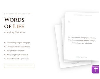 Może przedstawiać: Cyfrowe pobranie z "Kolekcji Pisma Świętego" zatytułowane "Words of Life". Obraz przedstawia białe strony z wersetami biblijnymi, w tym Jeremiasza 29:11 i Jozuego 1:9. Projekt zawiera fioletową ikonę krzyża.