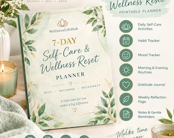Może przedstawiać: Planer do druku 7-Day Self-Care & Wellness Reset z kremowo-miętową okładką i złotymi akcentami. Tekst zawiera WellnessLifeHub, 7-Day Self-Care & Wellness Reset Planner, Rest, Recharge, Reconnect oraz A little time for you makes a big difference.
