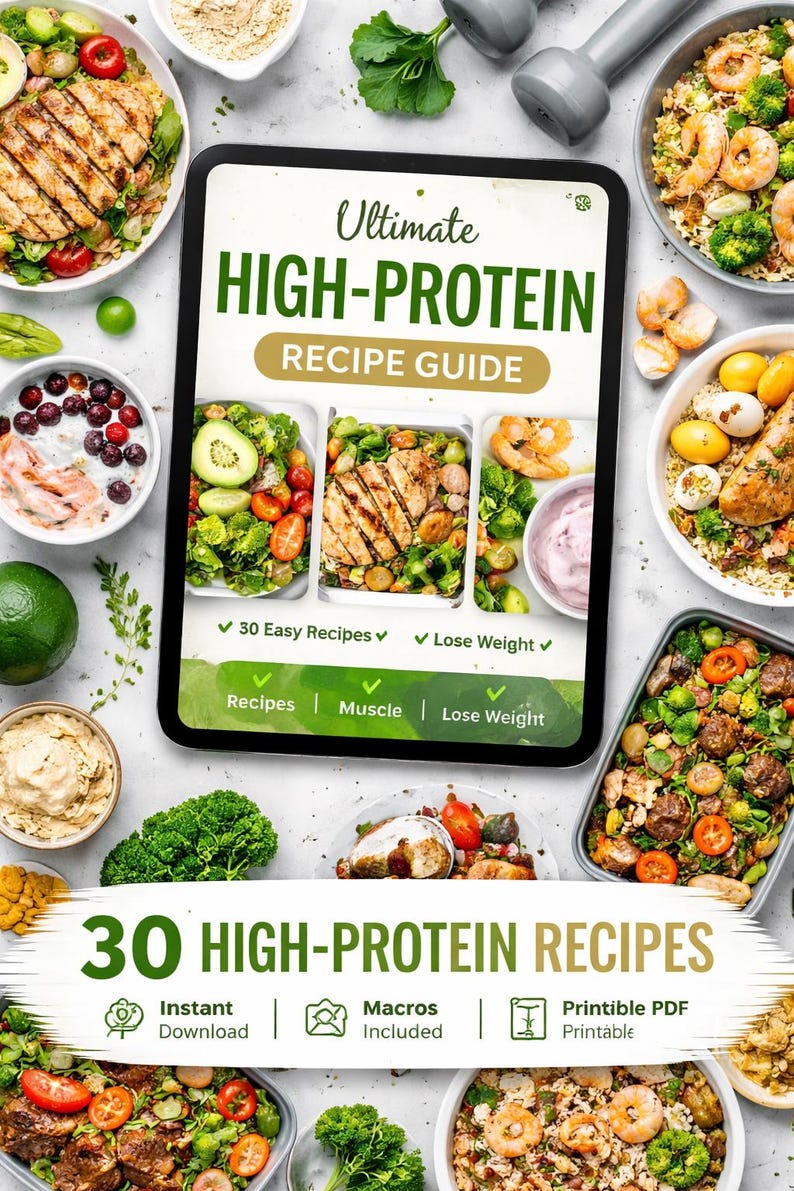 K&ouml;nnte beinhalten: Ein digitaler Rezeptf&uuml;hrer mit dem Titel "Ultimate High-Protein Recipe Guide" mit Bildern verschiedener proteinreicher Mahlzeiten. Der Leitfaden verspricht 30 einfache Rezepte, Gewichtsverlust und Muskelaufbau. Gerichte umfassen H&uuml;hnchen, Garnelen und Gem&uuml;se.