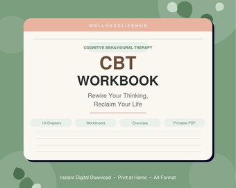 Może przedstawiać: Cyfrowy zeszyt ćwiczeń CBT w kolorze brzoskwiniowym i białym. Tytuł "CBT WORKBOOK" jest pogrubiony. Zeszyt ćwiczeń zawiera 10 rozdziałów, arkusze ćwiczeń, ćwiczenia i plik PDF do wydruku.