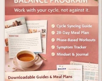 Może przedstawiać: Różowo-biała grafika z tekstem "Women's Hormone Balance Program". Zawiera filiżankę herbaty, dokumenty oraz frazy "Cycle Syncing Guide", "28-Day Meal Plan" i "Feel Balanced & Energized".