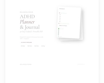 Może przedstawiać: Biały, drukowany plik PDF ADHD Planner & Journal z tekstem "ADHD Planner & Journal" i "90-Day Undated - Printable PDF". Mały biały notatnik pokazuje codzienny harmonogram.