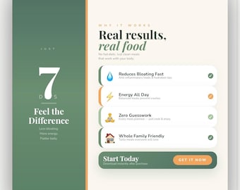 Może przedstawiać: Cyfrowa reklama w kolorach zieleni i bieli, promująca plan posiłków. Tekst zawiera "Real results, real food" i "Feel the Difference in 7 Days." Korzyści to mniej wzdęć, więcej energii i płaski brzuch. Reklama zachęca do "Start Today."