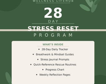 Może przedstawiać: Ciemnozielona grafika z tekstem „WELLNESS LIFEHUB” i „28 DAY STRESS RESET PROGRAM”. Obraz zawiera listę zawartości: codzienny tracker, przewodniki, podpowiedzi do dziennika, rutyny, wykres postępów i strony refleksji.