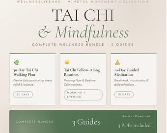 Może przedstawiać: Cyfrowy pakiet wellness zatytułowany Tai Chi & Mindfulness zawierający trzy przewodniki: 30-dniowy plan spacerów Tai Chi, rutyny Tai Chi do naśladowania oraz 10-dniową medytację prowadzoną. Zestaw PDF do druku zapewnia natychmiastowy dostęp.
