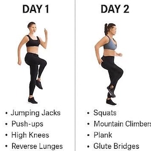 Könnte beinhalten: Fitness-Infografik mit zwei Tafeln. Tag 1 zeigt eine Person in Sportkleidung, die eine Kniehebeübung ausführt. Text listet Übungen auf: Jumping Jacks, Push-ups, High Knees und Reverse Lunges. Tag 2 zeigt eine Person, die eine Kniehebeübung macht. Text listet auf: Squats, Mountain Climbers, Plank und Glute Bridges.