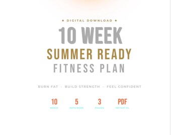 Może przedstawiać: Cyfrowy plan fitness do pobrania zatytułowany "10 Week Summer Ready Fitness Plan". Plan obejmuje 10 tygodni, 5 dni w tygodniu i 3 fazy. Plan jest dostosowany do siłowni i domu. Obiecuje spalanie tłuszczu, budowanie siły i pewność siebie.