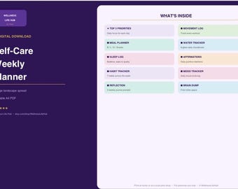Może przedstawiać: Cyfrowy tygodniowy planer samoopieki na ciemnofioletowym tle. Biała strona zawiera sekcje takie jak Top 3 Priorities, Movement Log, Meal Planner, Water Tracker, Sleep Log, Affirmations, Habit Tracker, Mood Tracker, Reflection oraz Brain Dump.