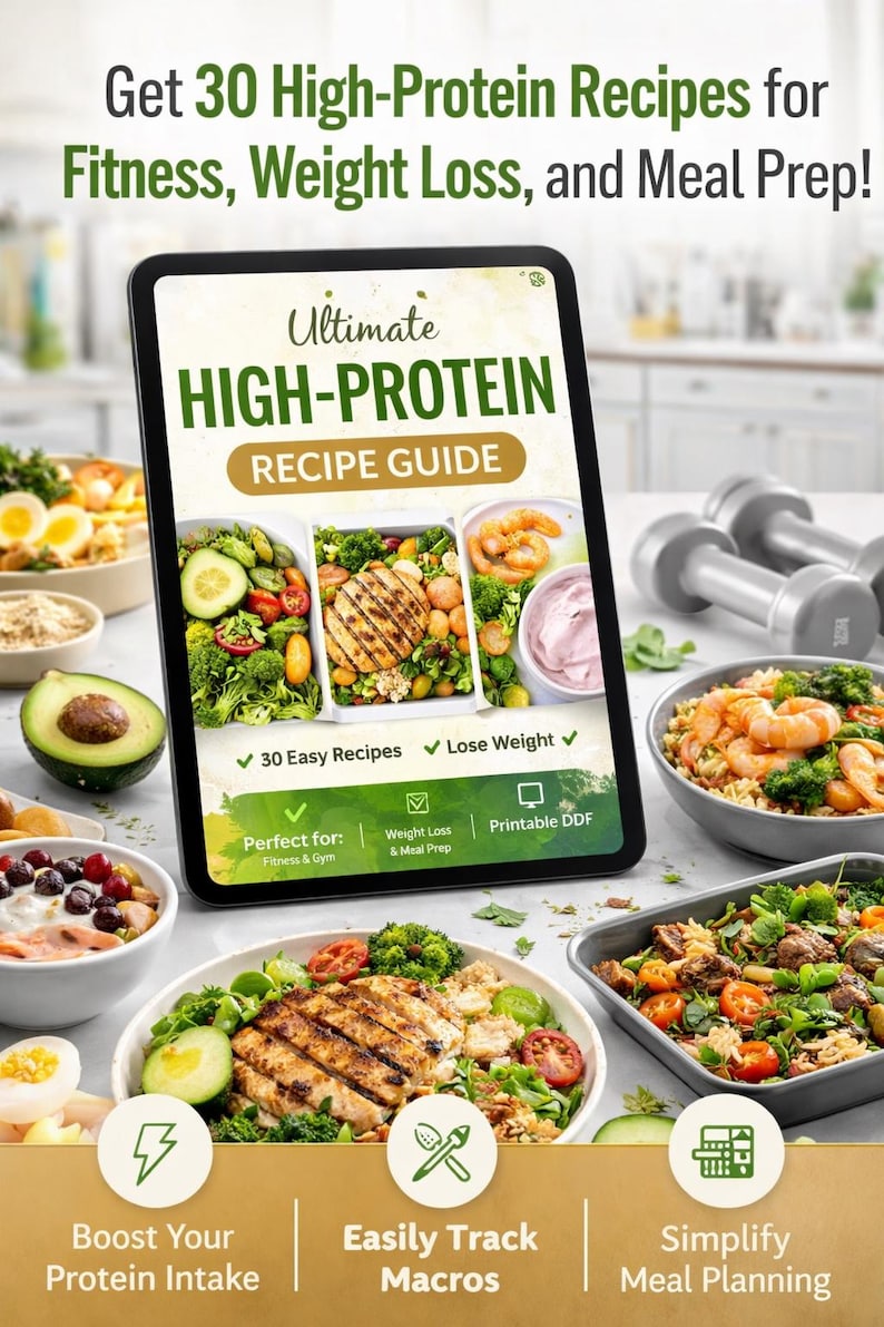 K&ouml;nnte beinhalten: Ein digitales Tablet zeigt einen Ratgeber mit dem Titel Ultimate High-Protein Recipe Guide mit Bildern von gesunden Mahlzeiten. Der Bildschirm enth&auml;lt Text &uuml;ber 30 einfache Rezepte und Gewichtsverlust. Das Tablet ist von Sch&uuml;sseln mit Essen und Hanteln umgeben.
