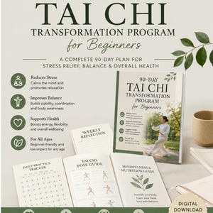 Pode incluir: Um programa de transformação de Tai Chi de 90 dias para iniciantes, incluindo um guia digital em PDF, rastreador de prática diária, guia de poses e um guia de nutrição e atenção plena sobre alívio do estresse, equilíbrio e saúde.