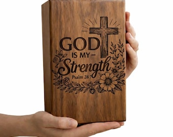 Urna funeraria de madera personalizada con cruz | Dios es mi fortaleza Salmo 28:7 | Urna conmemorativa cristiana | Caja de cenizas de madera grabada | Personalizada