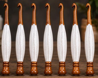 Handmade Wood & White Resin Crochet Hook Set, 9 Piece Ergonomic Crochet Hooks, Wooden Yarn Tools, Crochet Gift for Her