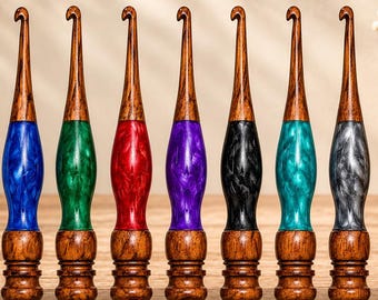 Handmade Wooden Crochet Hook Set, 9 Piece Resin Handle Crochet Hooks, Ergonomic Crochet Needles, Colorful Knitting Gift, Fiber Art Tools
