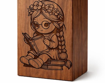 Urna funeraria de madera personalizada para niña | Caja de urna grabada con un libro de lectura | Urna conmemorativa personalizada, caja de recuerdo de madera hecha a mano, regalo de condolencia