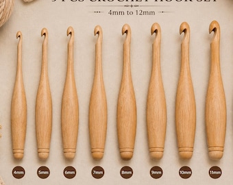 9 Piece Wooden Crochet Hook Set 4mm–12mm, Handmade Beech Wood Crochet Hooks, Ergonomic Yarn Hooks, Crochet Gift for Beginners