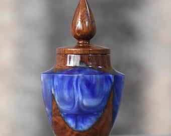 Handmade Blue Resin Keepsake Urn | Wooden Cremation Urn for Ashes | Memorial Urn | Small Funeral Urn | Personalized Gift