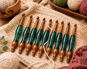 Wooden Resin Crochet Hook Set, 9 Piece Ergonomic Crochet Needles, Handmade Fiber Art Tool, Green Resin Wood Hooks, Gift for Crocheters