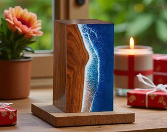Urna de cremación de madera con resina oceánica, urna conmemorativa para cenizas con diseño de olas de playa, urna de resina de madera hecha a mano, urna funeraria para adultos, recuerdo costero