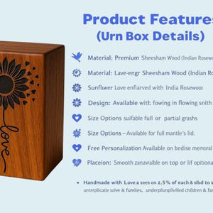 Wooden memorial urn with sunflower engraving on table indoors