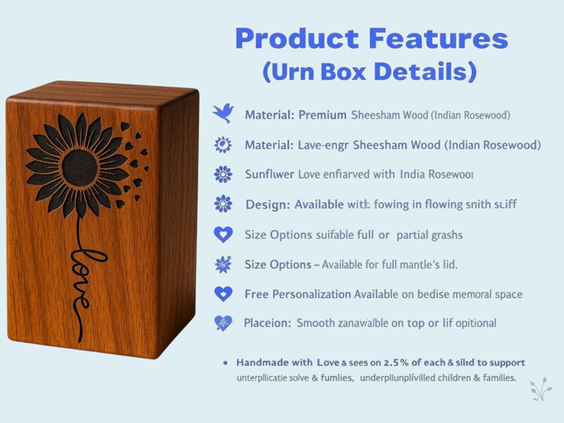 Wooden memorial urn with sunflower engraving on table indoors