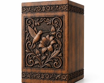 Hand Carved Hummingbird Urn, Wooden Cremation Urn, Floral Memorial Box, Bird of Paradise Keepsake, Personalized Sympathy Gift