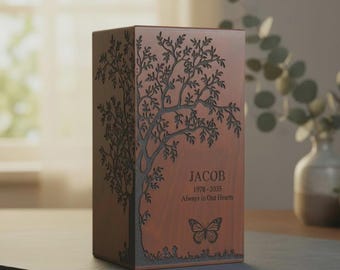 Urna de madera personalizada con forma de árbol de la vida y grabado de mariposa. Urna de cremación conmemorativa para cenizas humanas con nombre y fecha personalizados.