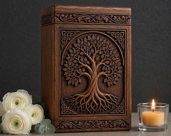 Tree of Life Wooden Urn for Ashes, Hand Carved Memorial Urn, Celtic Wood Cremation Urn, Deep Relief Engraved Keepsake Memorial Box