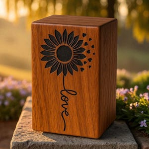 Sheesham wood urn box with black sunflower engraving in sunlight