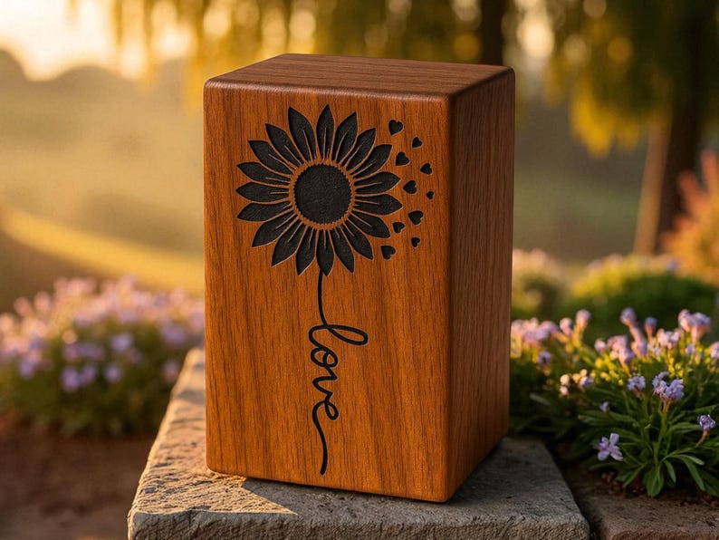 Sheesham wood urn box with black sunflower engraving in sunlight