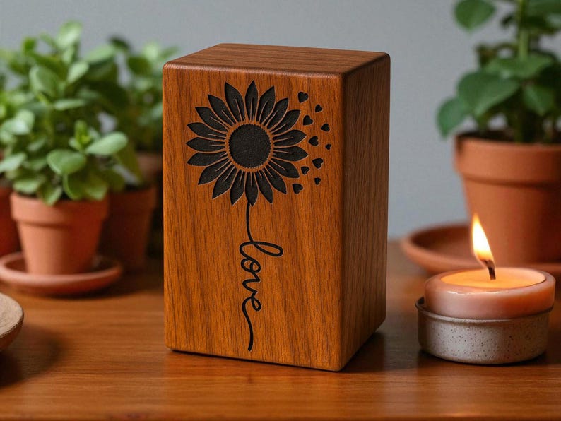 Sunflower love urn with candlelight and potted plants - peaceful setting