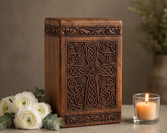 Hand Carved Sheesham Wood Celtic Cremation Urn – Wooden Urn for Ashes, Memorial Urn, Celtic Cross Funeral Urn, Handmade Keepsake