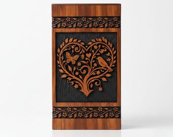 Urna de cremación de madera con forma de corazón, urna conmemorativa tallada a mano, urna del árbol de la vida con forma de mariposa y pájaro, urna de palisandro hecha a mano, recuerdo para adultos