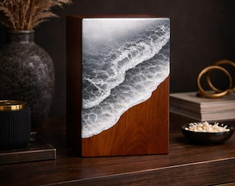 Urna de madera de palisandro de resina gris océano para cenizas humanas, urna de cremación de madera hecha a mano, recuerdo moderno para cenizas, grabado personalizado
