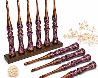 Handmade Wooden Crochet Hook Set 4mm-12mm, 9 Piece Purple Resin Crochet Hooks, Ergonomic Crochet Needles, Gift for Crocheters