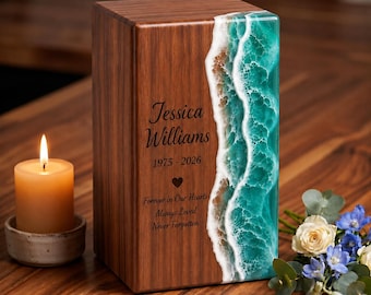Ocean Resin Cremation Urn for Human Ashes Handmade Wooden Memorial Urn Personalized Funeral Ashes Urn Custom Engraved