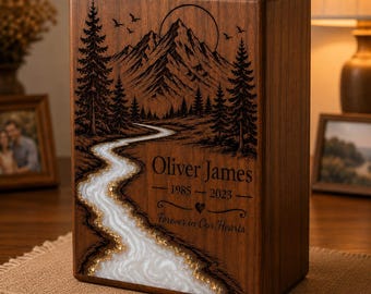 Wooden Mountain River Memorial Urn, Personalized Cremation Ashes Box, Nature Landscape Funeral Urn, Handmade Memorial Keepsake