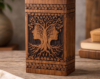 Urna funeraria de madera tallada a mano para cenizas: elegante caja de recuerdo para humanos o mascotas, con diseño de árbol grabado (varios tamaños).