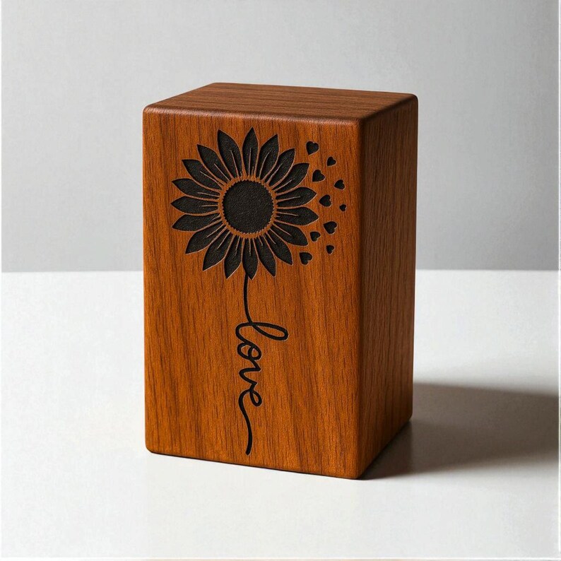 High-detail photo of engraved sunflower wooden urn