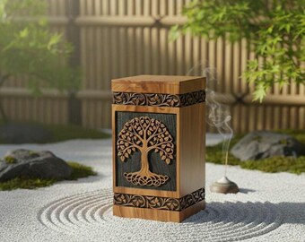 Handcrafted Tree of Life Wooden Cremation Urn – Engraved Memorial Ashes Box – Adult Human & Pet Urn – Custom Engraving