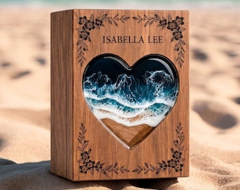 Personalized Wooden Cremation Urn | Ocean Resin Heart Memorial Urn | Custom Engraved Urn for Human Ashes | Memorial Keepsake Box