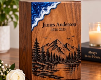Personalized Wooden Memorial Urn, Engraved Mountain Lake Cremation Box, Blue Resin Keepsake, Handmade Sympathy Memorial Gift