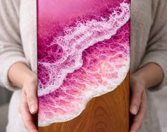Urna de madera de resina rosa océano, urna de cremación de palisandro para cenizas, recuerdo conmemorativo hecho a mano, grabado personalizado