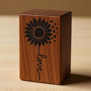 Product features of wooden sunflower urn box with personalization and wood details