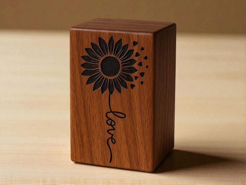 Product features of wooden sunflower urn box with personalization and wood details