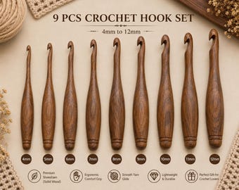9 Piece Wooden Crochet Hook Set 4mm–12mm, Handmade Beech Wood Crochet Hooks, Ergonomic Yarn Hooks, Crochet Gift for Beginners