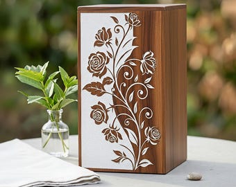 Urna de cremación de madera con grabado floral, urna conmemorativa hecha a mano para cenizas humanas, urna de madera grabada en blanco o negro, urnas personalizadas