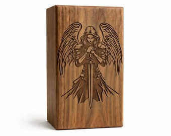 Urna funeraria de madera con forma de ángel, urna conmemorativa grabada con la figura de un ángel guardián, urna de madera hecha a mano para cenizas humanas, regalo religioso de condolencia.