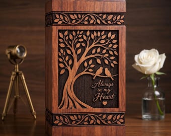Wooden Memorial Urn Box, Tree of Life Cremation Urn, Always in My Heart Memorial Box, Pet or Adult Ashes Urn, Handmade Keepsake Urn